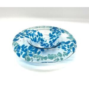 Hand Blown Art Glass Shallow Bowl Blue and Teal Speckled Swirl 6.5” Wide